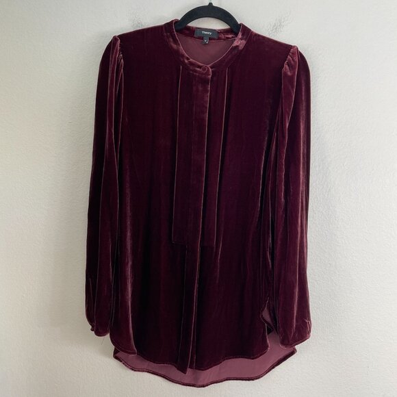 Theory Womens Medium Burgundy Tux Tunic Luxe Velvet Long Sleeve Top Shirt - Picture 10 of 12